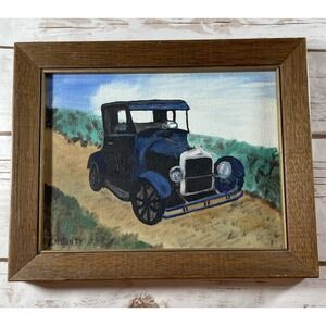 Vintage Blue Care Painting‎ Antique Automobile Art with Wood Frame